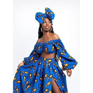 OFUURE African Print Crop Top Womens Size Small Medium Blue Orange Long Sleeves